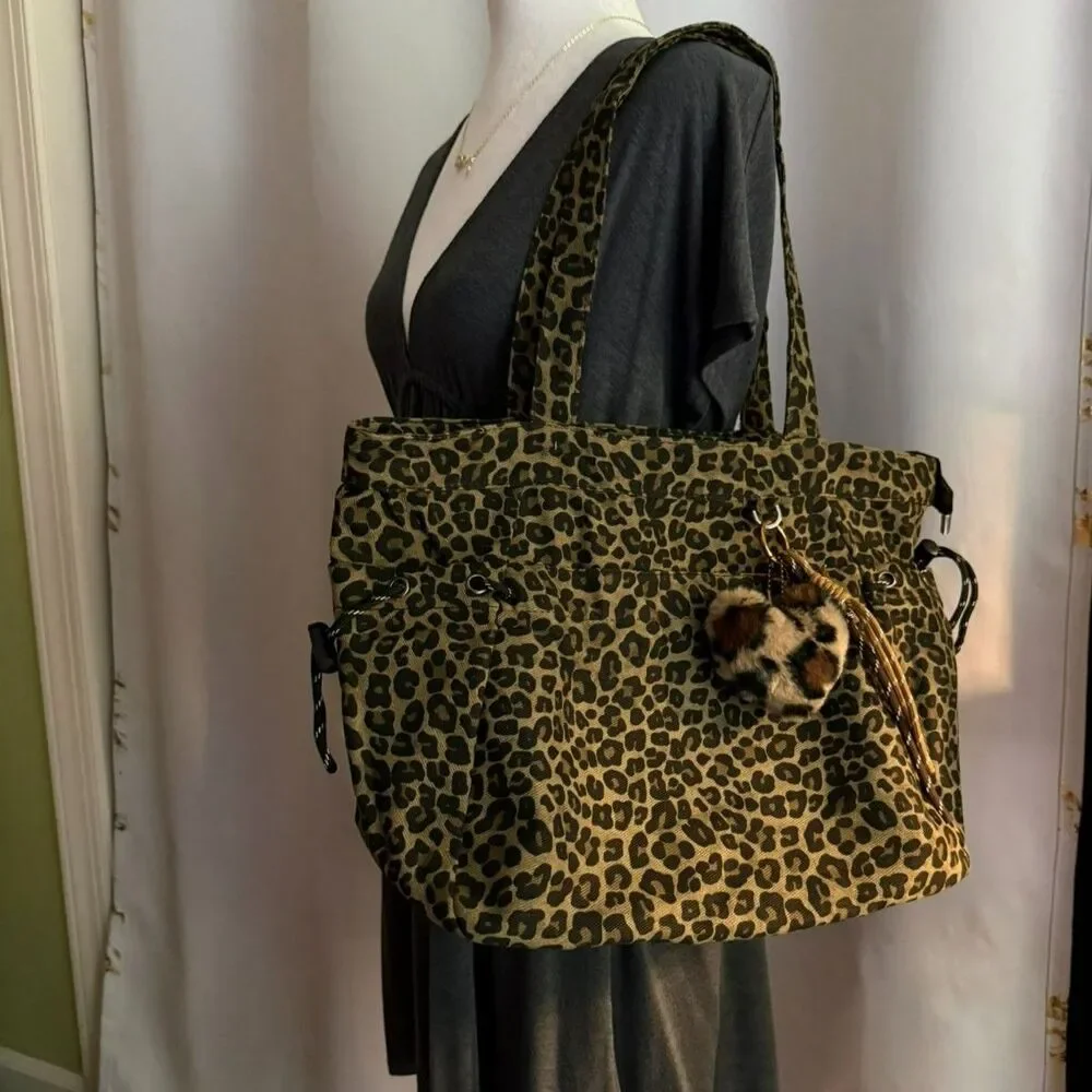 Large Leopard Print Tote Bag w/ Plush Keychain Pendant